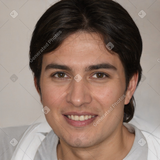 Joyful white young-adult male with medium  brown hair and brown eyes