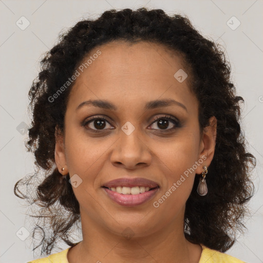 Joyful black young-adult female with medium  brown hair and brown eyes