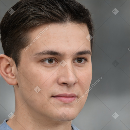 Neutral white young-adult male with short  brown hair and brown eyes