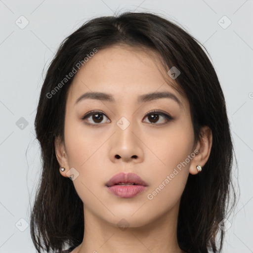 Neutral asian young-adult female with long  brown hair and brown eyes