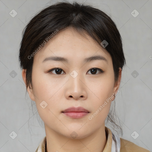 Neutral asian young-adult female with medium  brown hair and brown eyes