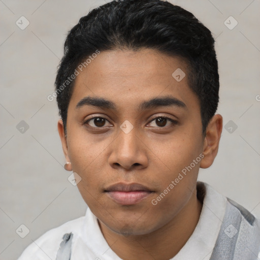 Neutral asian young-adult male with short  black hair and brown eyes