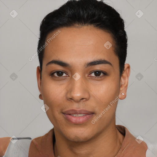 Joyful latino young-adult female with short  black hair and brown eyes