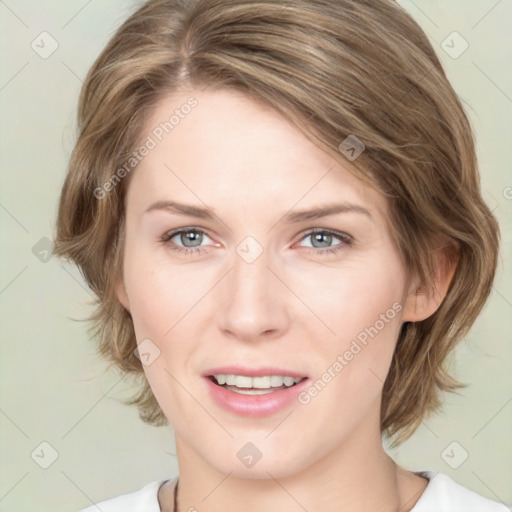 Joyful white young-adult female with medium  brown hair and green eyes