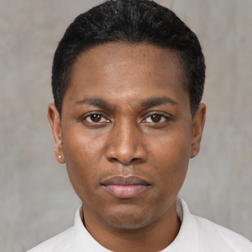 Neutral black young-adult male with short  black hair and brown eyes