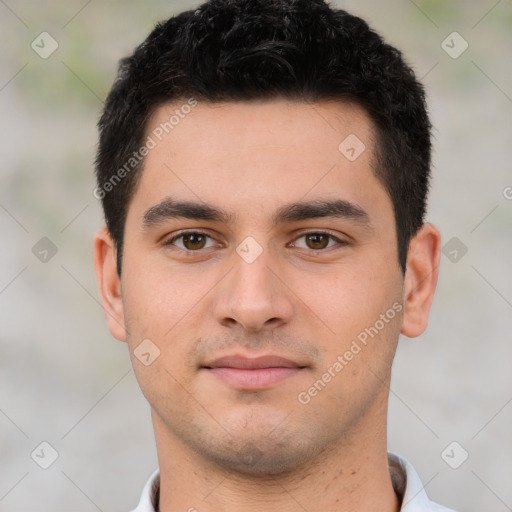 Neutral white young-adult male with short  brown hair and brown eyes