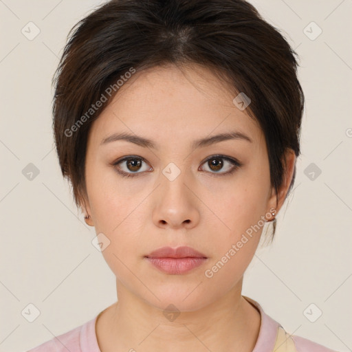 Neutral white young-adult female with medium  brown hair and brown eyes