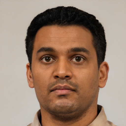 Neutral latino young-adult male with short  black hair and brown eyes