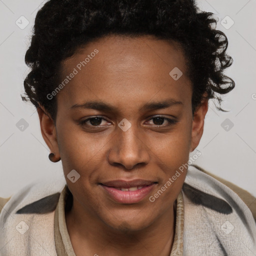 Joyful black young-adult female with short  brown hair and brown eyes