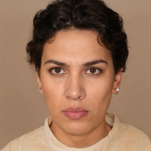 Neutral white young-adult female with short  brown hair and brown eyes