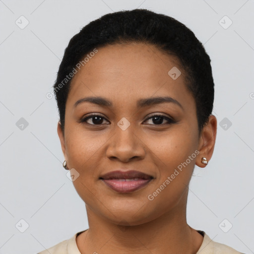 Joyful latino young-adult female with short  black hair and brown eyes