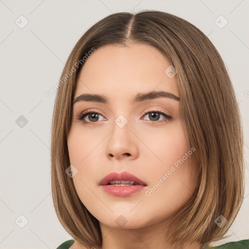 Neutral white young-adult female with long  brown hair and brown eyes