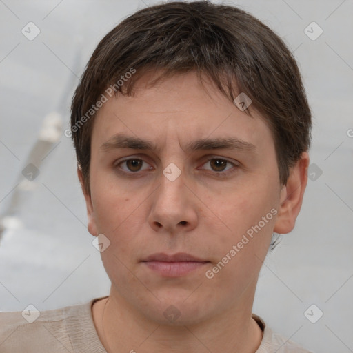 Neutral white young-adult male with short  brown hair and brown eyes