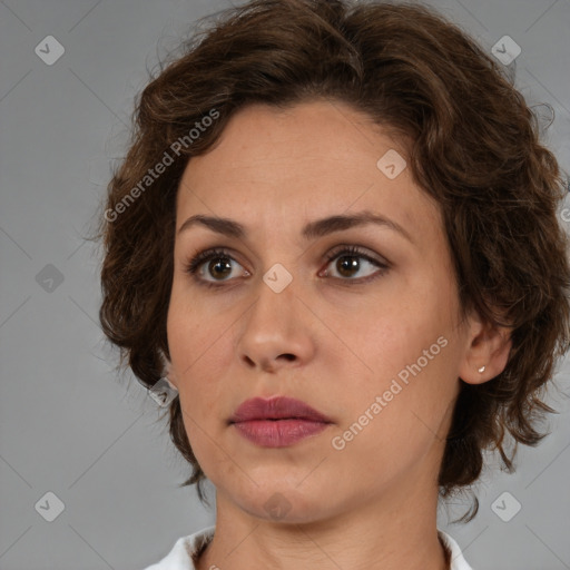 Neutral white young-adult female with medium  brown hair and brown eyes