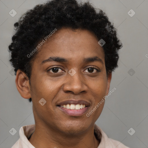 Joyful black young-adult male with short  brown hair and brown eyes