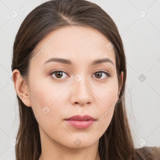 Neutral white young-adult female with long  brown hair and brown eyes