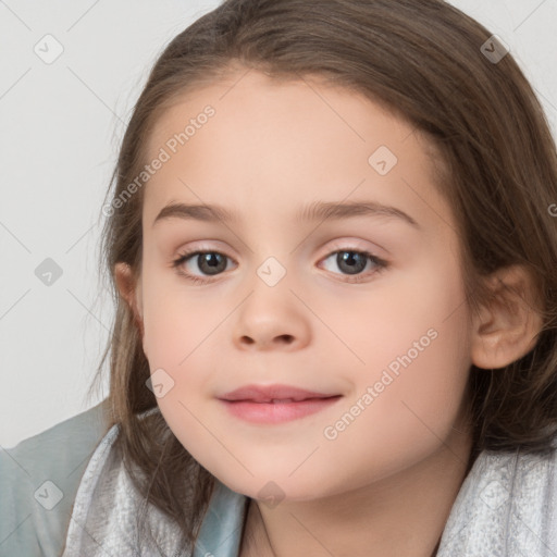 Joyful white child female with medium  brown hair and brown eyes