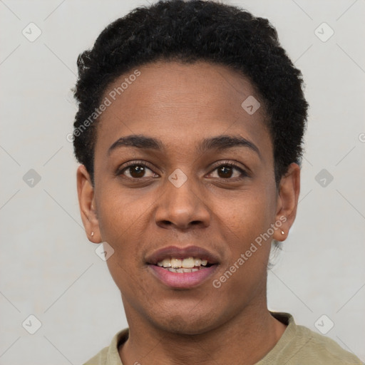 Joyful black young-adult female with short  black hair and brown eyes