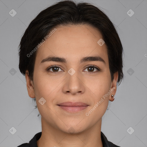 Joyful white young-adult female with medium  brown hair and brown eyes