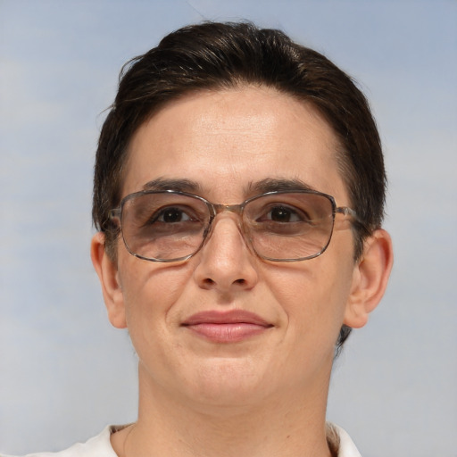 Joyful white adult female with short  brown hair and brown eyes