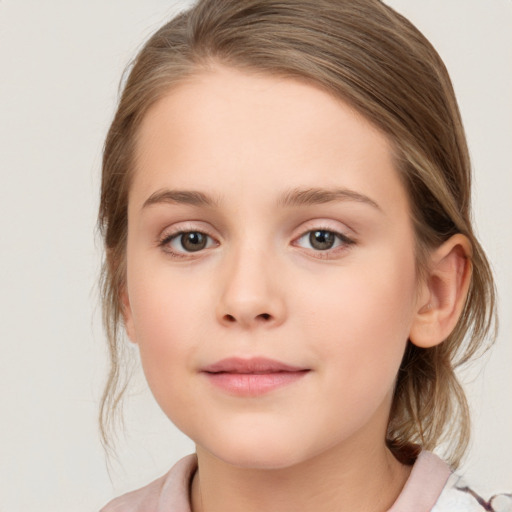 Neutral white child female with medium  brown hair and grey eyes