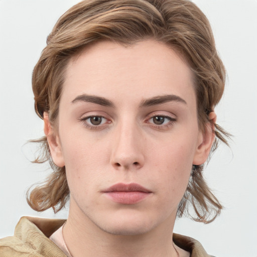 Neutral white young-adult female with medium  brown hair and grey eyes