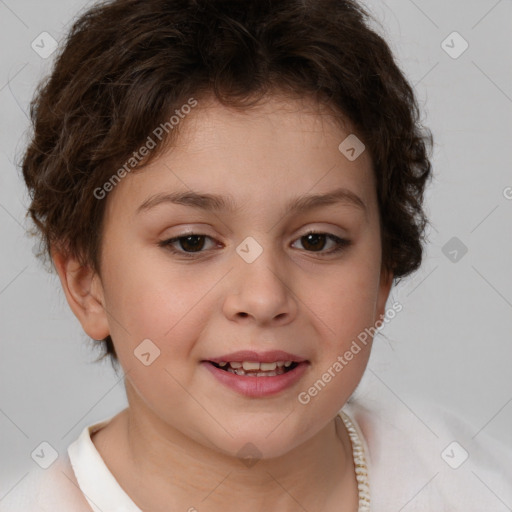 Joyful white child female with short  brown hair and brown eyes