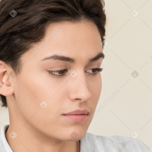 Neutral white young-adult female with short  brown hair and brown eyes