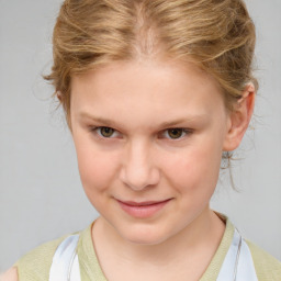 Joyful white child female with medium  brown hair and blue eyes