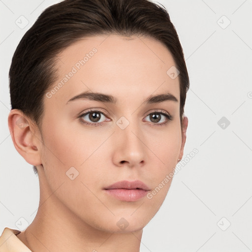 Neutral white young-adult female with short  brown hair and brown eyes