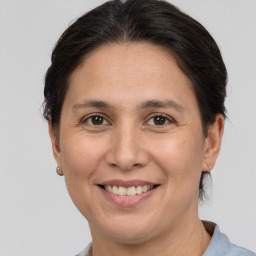 Joyful white adult female with medium  brown hair and brown eyes