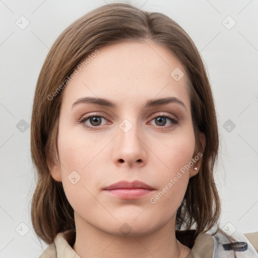 Neutral white young-adult female with medium  brown hair and grey eyes