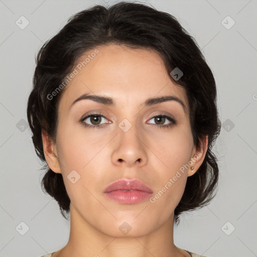 Neutral white young-adult female with medium  brown hair and brown eyes