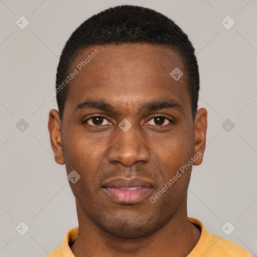 Neutral black young-adult male with short  black hair and brown eyes