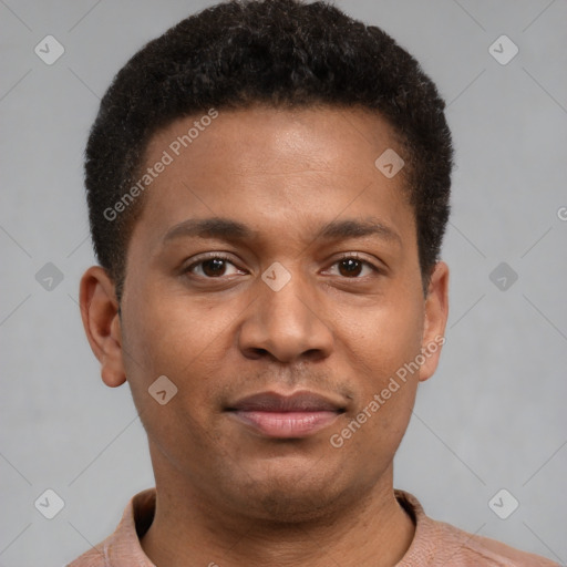 Joyful black young-adult male with short  brown hair and brown eyes