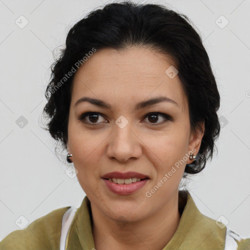 Joyful latino young-adult female with medium  brown hair and brown eyes