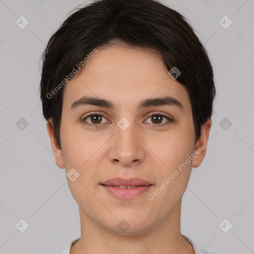 Joyful white young-adult female with short  brown hair and brown eyes