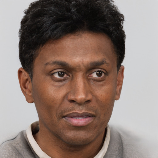 Neutral black adult male with short  brown hair and brown eyes