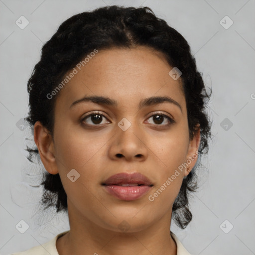 Joyful latino young-adult female with short  black hair and brown eyes