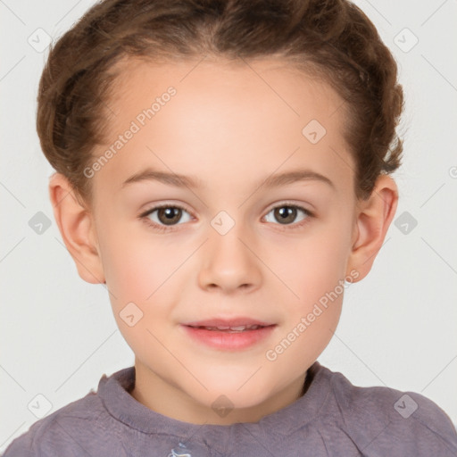 Joyful white child female with short  brown hair and brown eyes