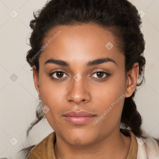 Neutral latino young-adult female with long  brown hair and brown eyes