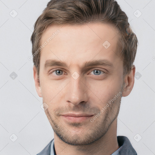 Neutral white young-adult male with short  brown hair and grey eyes