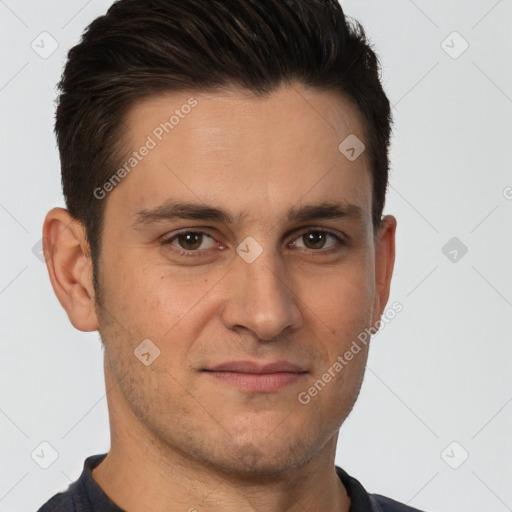 Joyful white young-adult male with short  brown hair and brown eyes