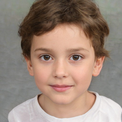 Joyful white child male with short  brown hair and brown eyes