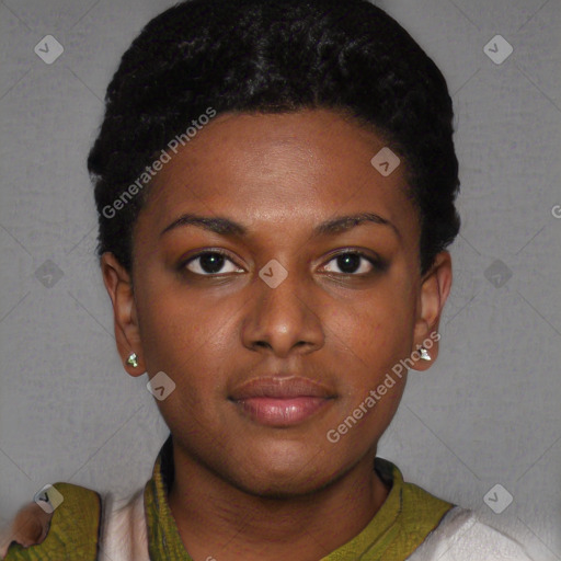 Neutral black young-adult female with short  black hair and brown eyes