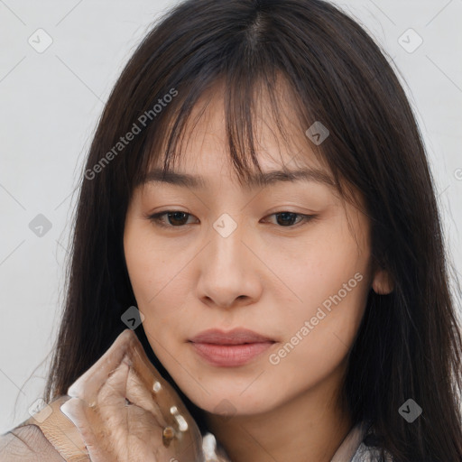 Neutral white young-adult female with long  brown hair and brown eyes