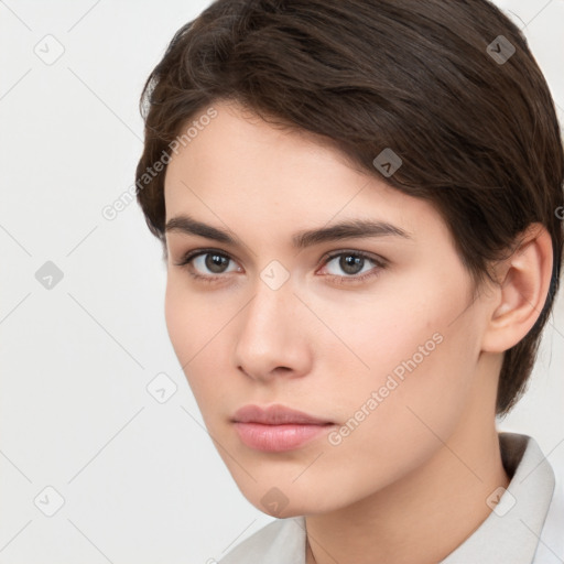 Neutral white young-adult female with medium  brown hair and brown eyes