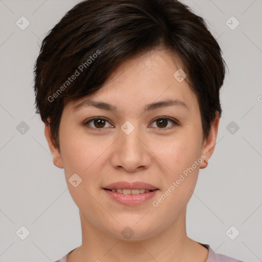 Joyful white young-adult female with short  brown hair and brown eyes