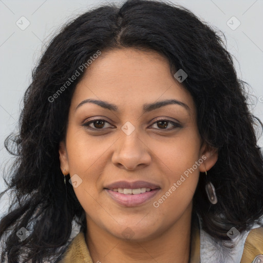 Joyful latino young-adult female with long  brown hair and brown eyes