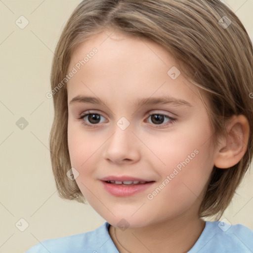 Joyful white child female with medium  brown hair and brown eyes